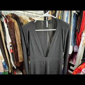 SEXY BLACK DEEP PLUNGE SHOULDER PADS MIDI DRESS SZ L
